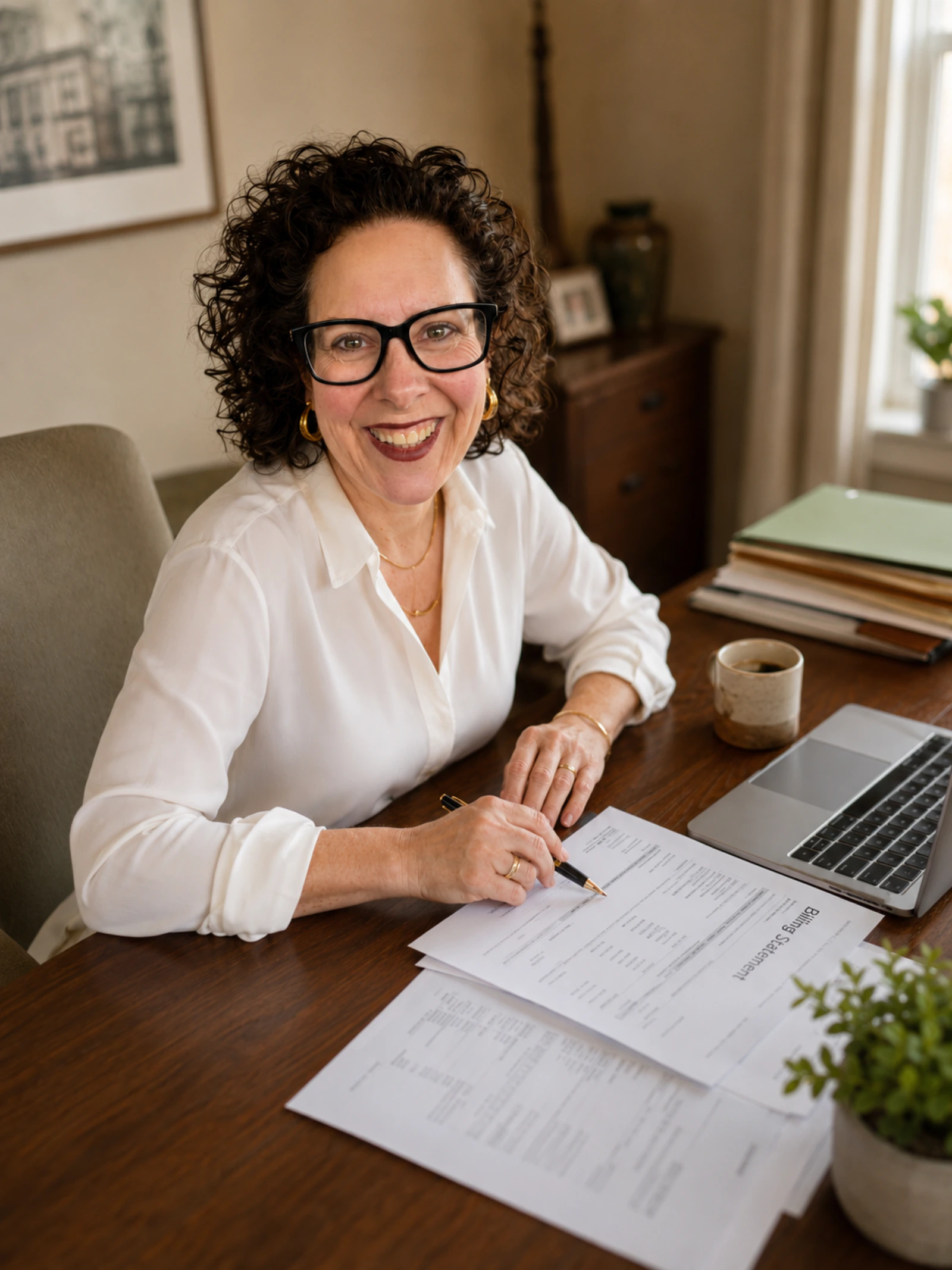 Denise Hoffmann am Schreibtisch mit Abrechnungsunterlagen und Laptop