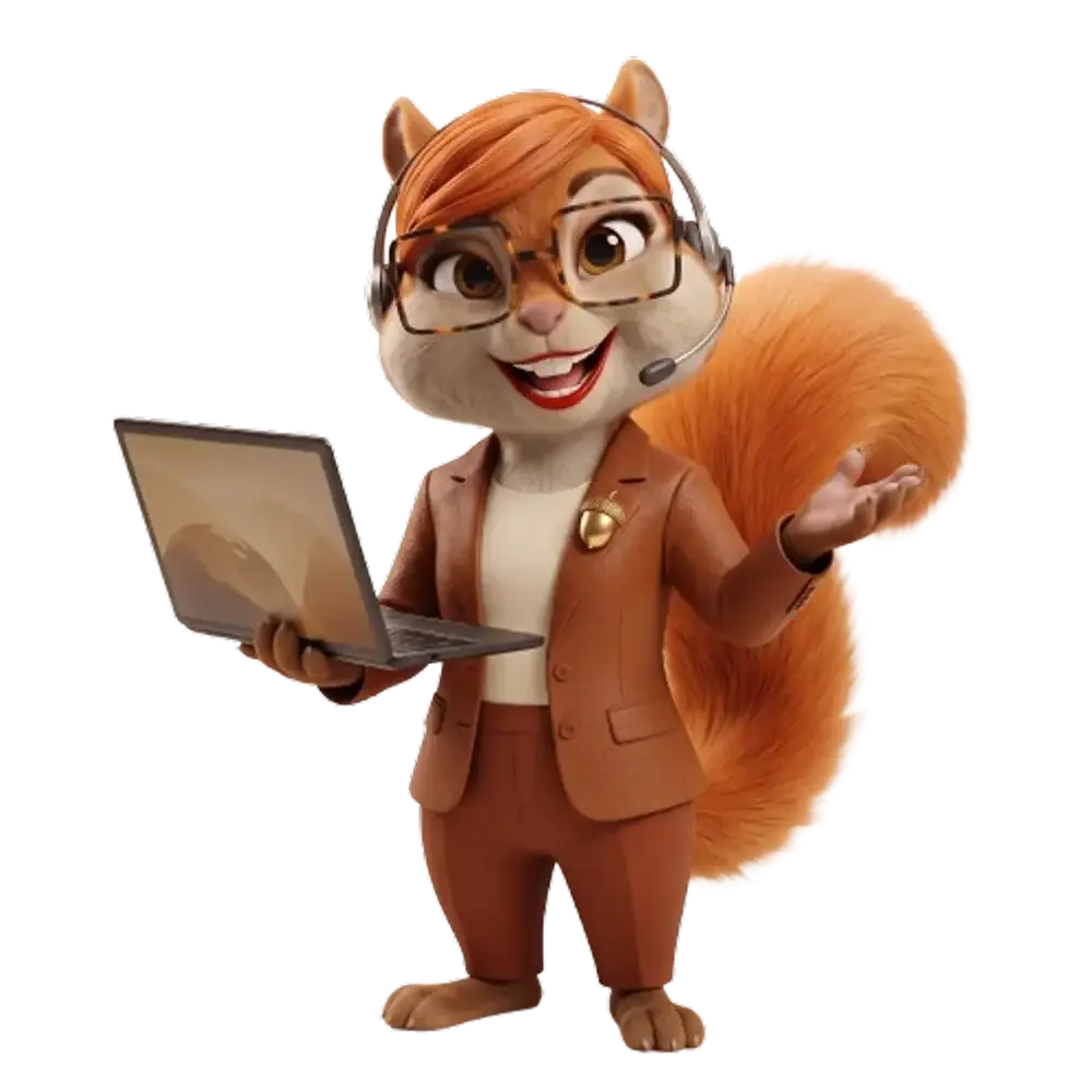 Hazel, das Maskottchen von dentalLeitwerk, mit Headset und Laptop