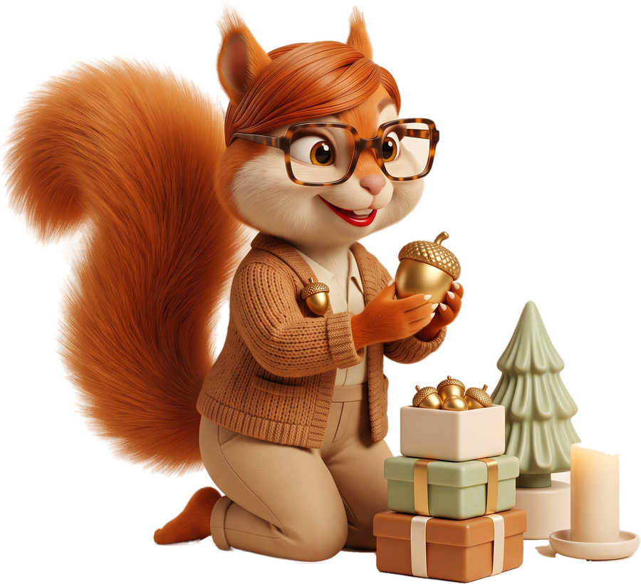 Freigestellte Hazel mit Geschenken und goldener Glücksnuss